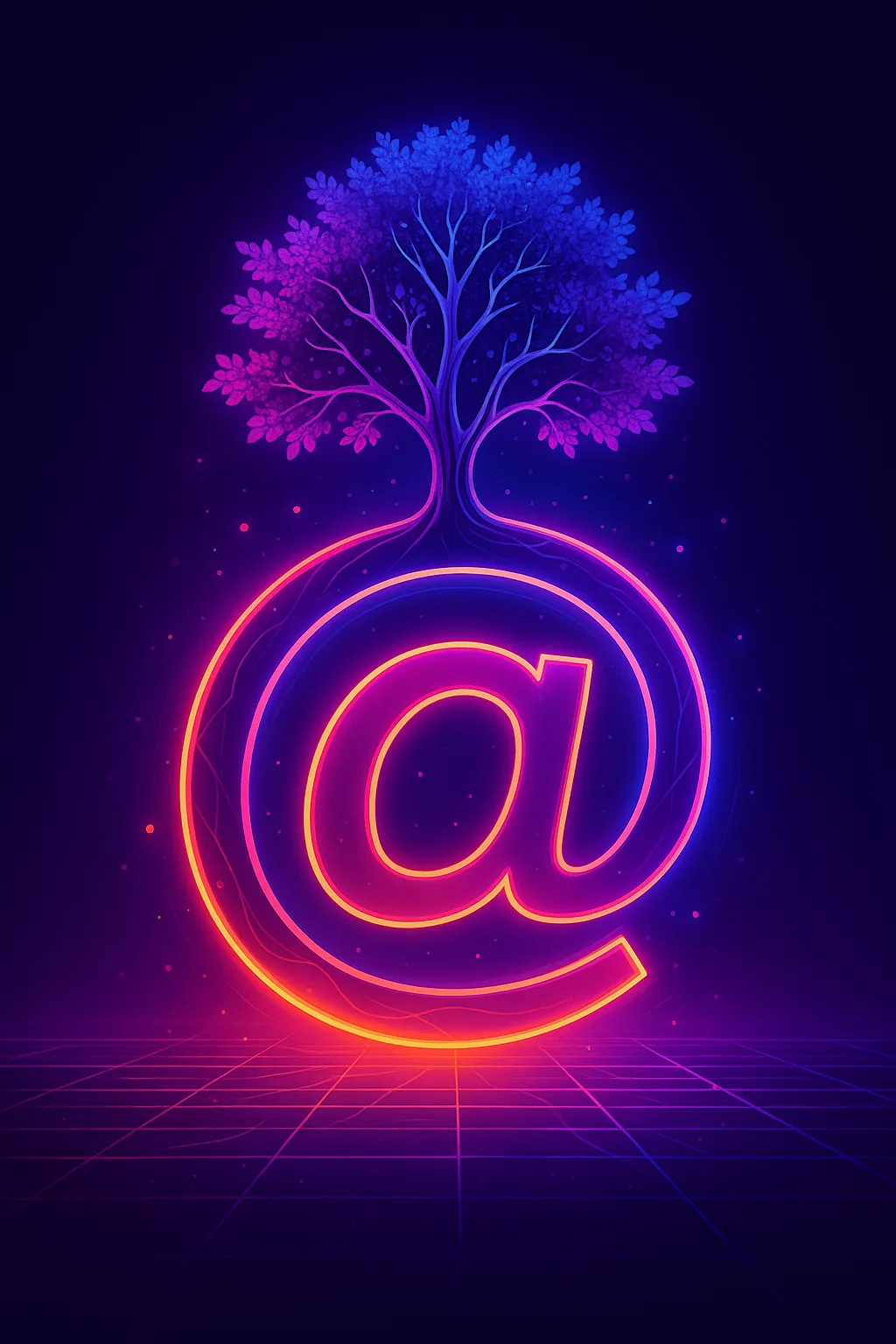 Neon @ sign with a purple tree growing out of it