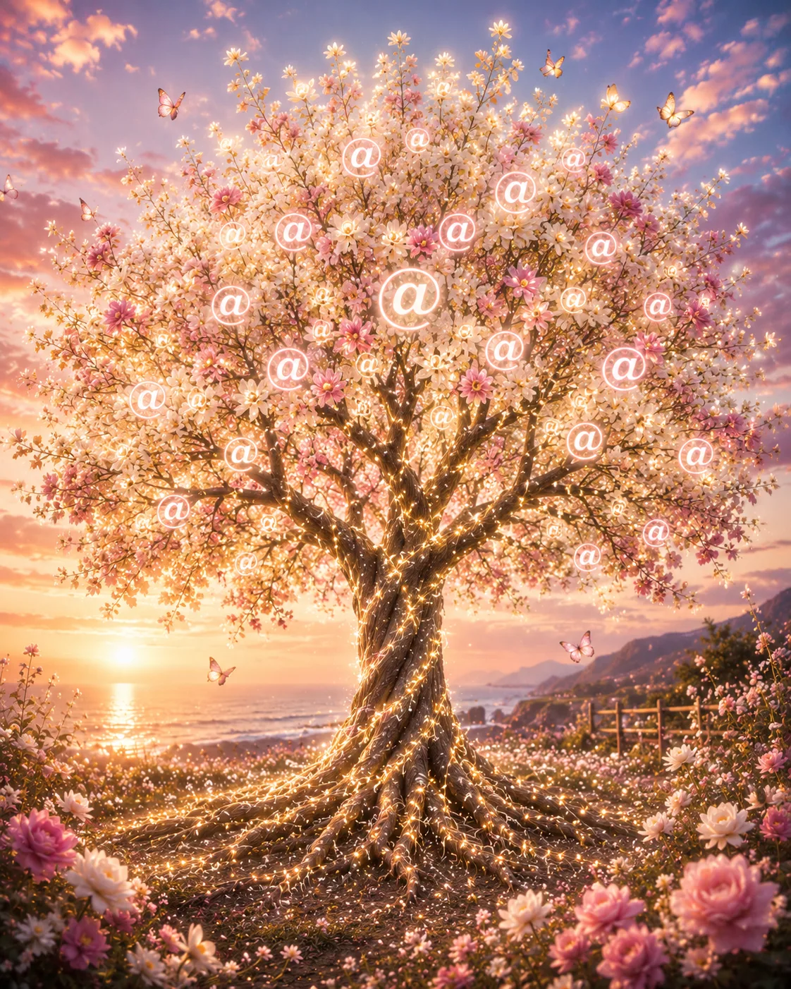 Blossoming tree with soft pink @ symbols by the sea at golden hour
