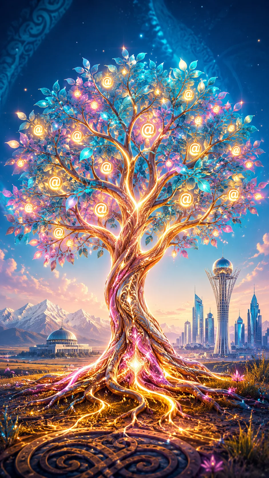 Crystal tree with glowing @ ornaments in front of a city skyline with mountains