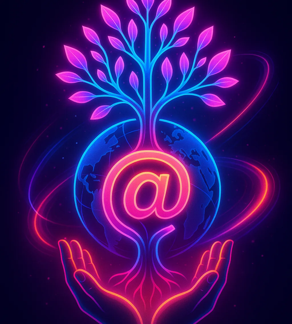 Neon hands holding a globe with a glowing tree growing from it