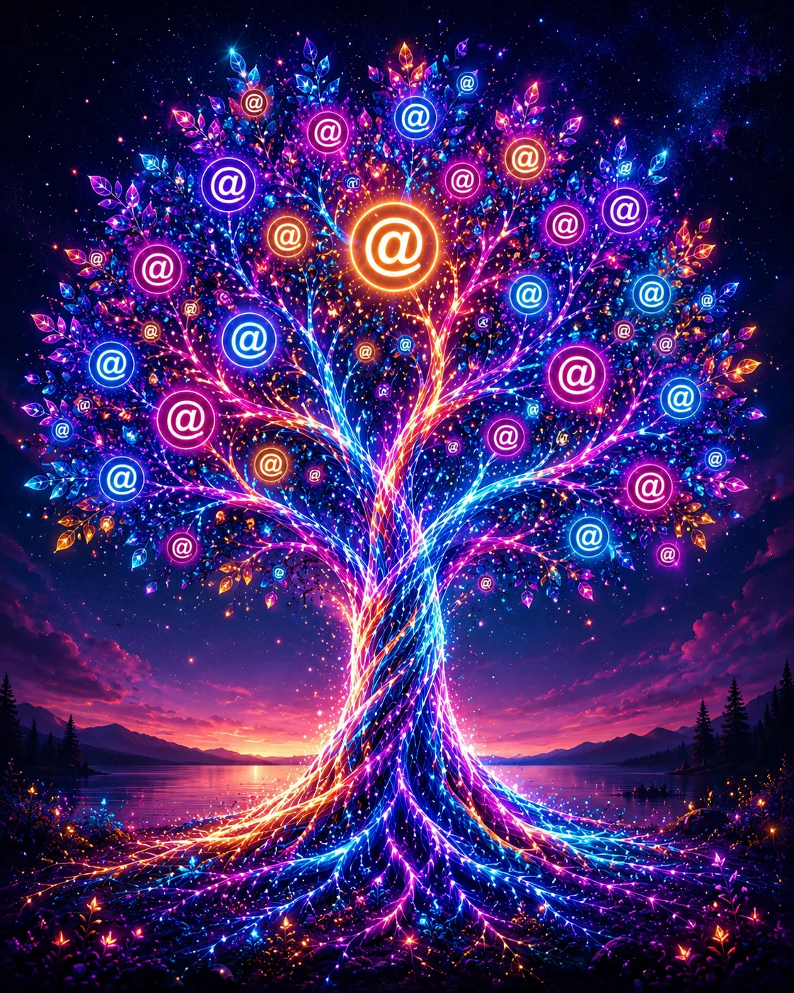 Vivid neon tree full of colorful @ symbols over a mountain lake at sunset