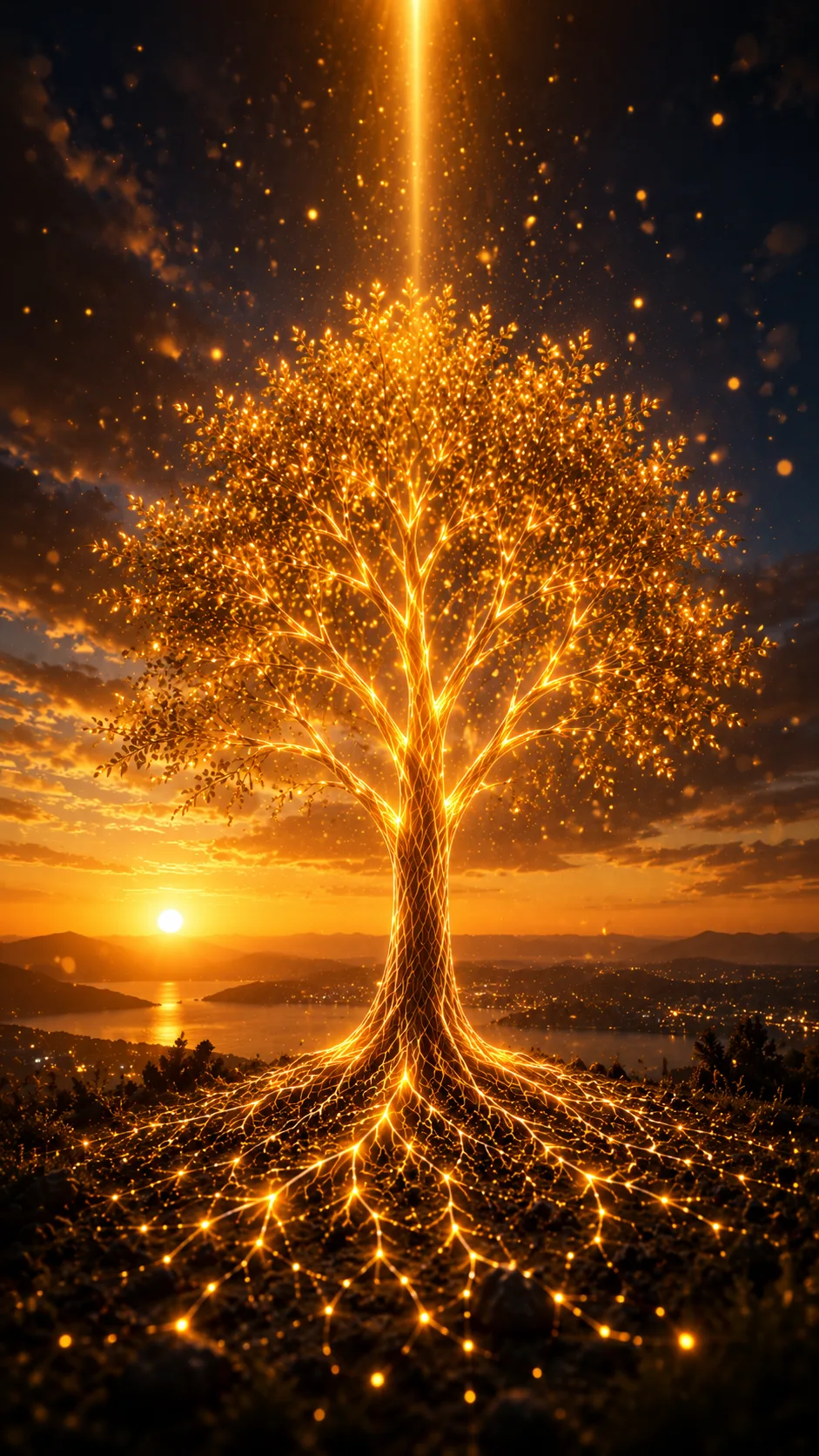 Golden tree of light above a city at sunset, roots spreading like a network
