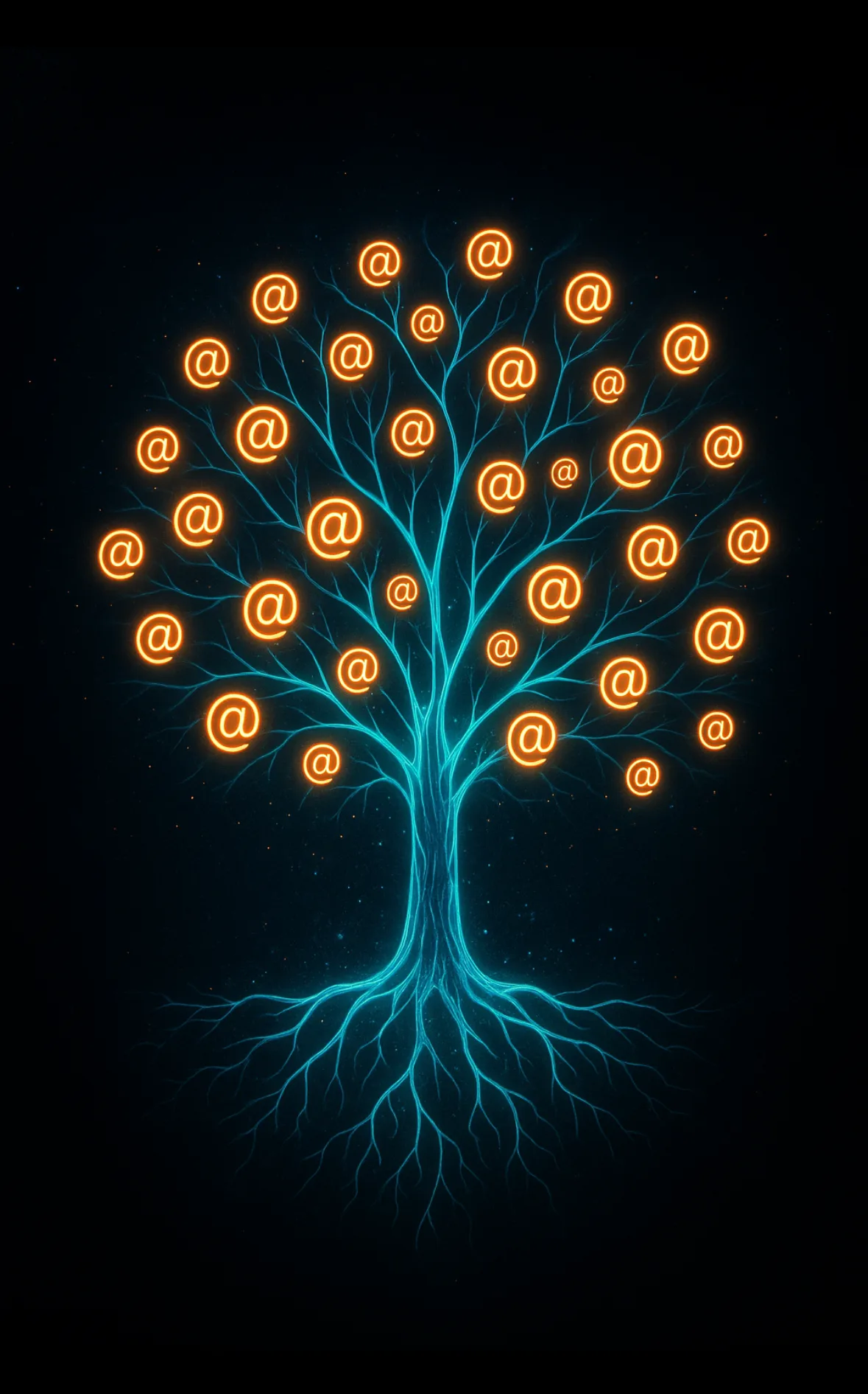 Teal tree of light with orange @ symbols in its crown