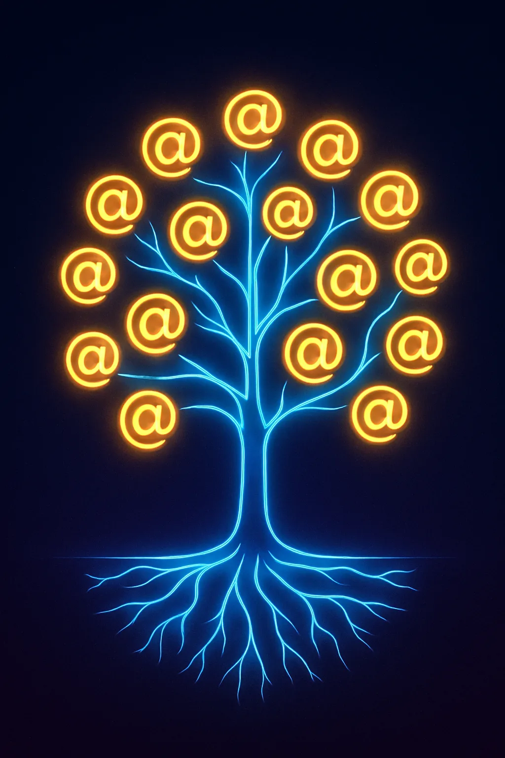 Neon blue tree with glowing golden @ symbols as leaves