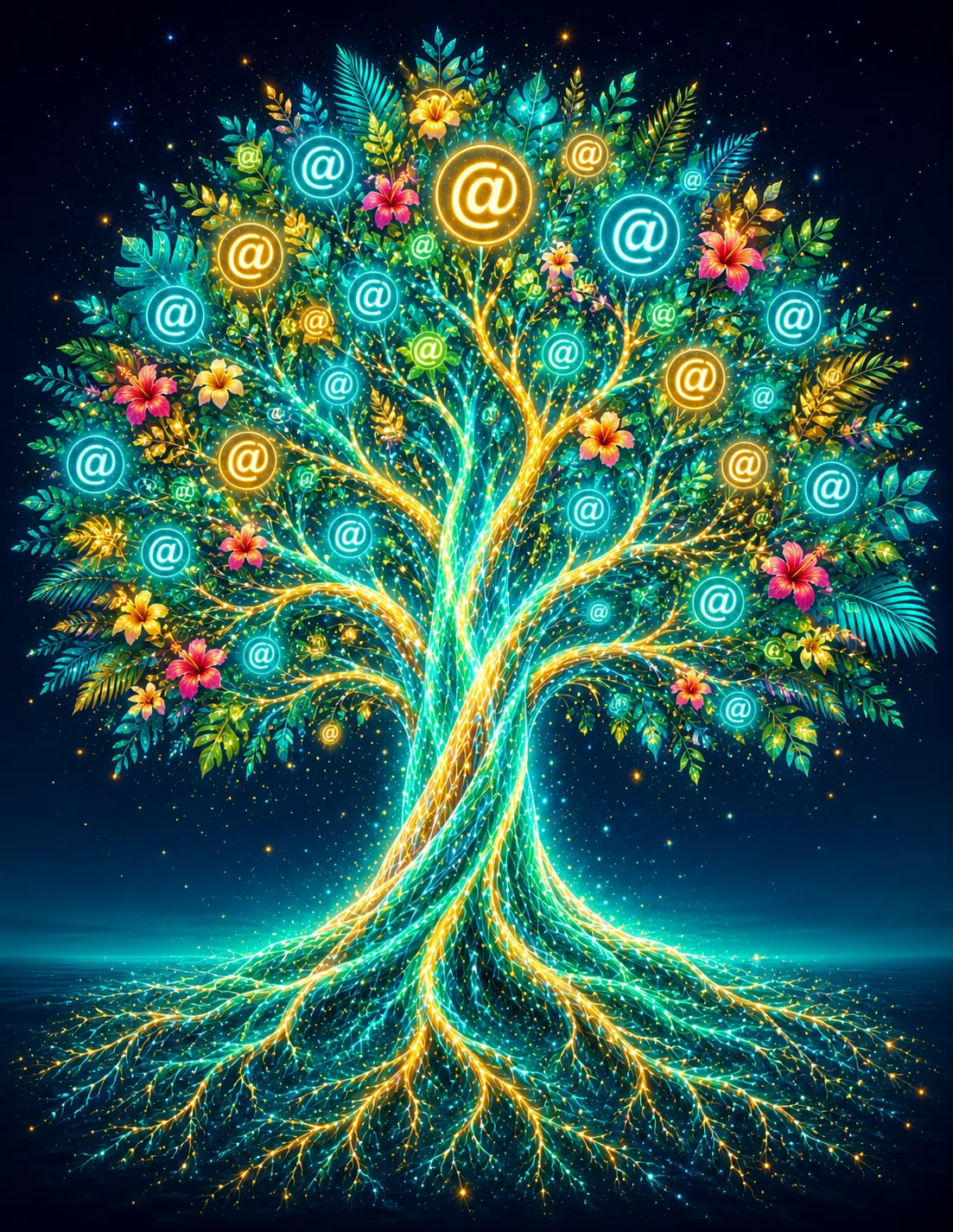 Tropical tree of light with teal and gold @ symbols over the ocean
